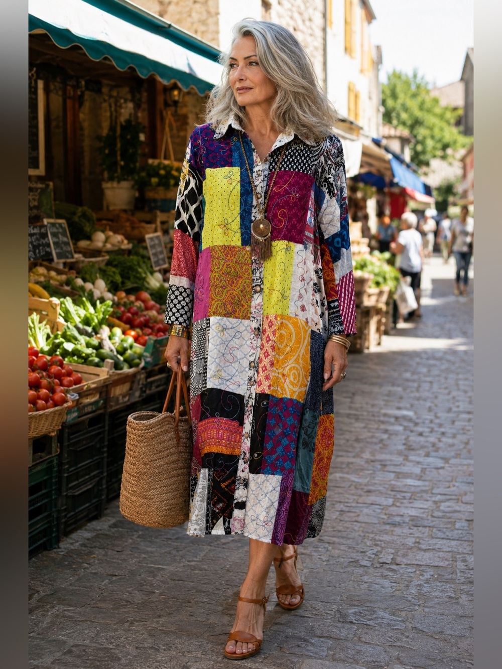 Urban Mangoz Boho Patchwork Multi Print Long Sleeve Shirt Dress Maxi M
